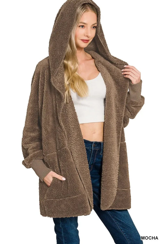Zenana Hooded Faux Fur Jacket with Pockets - Trendibles
