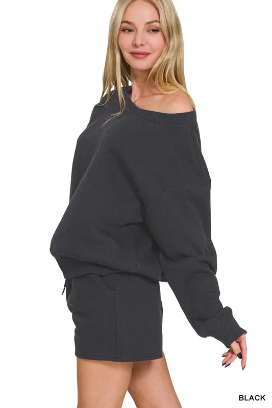 Zenana Fleece Boat Neck Sweatshirt and Shorts Set - Trendibles
