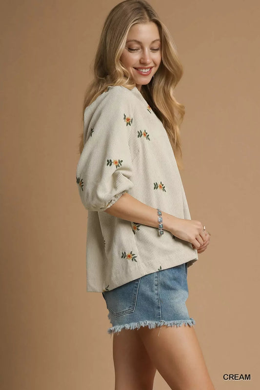 Umgee Corduroy Floral Embroidered Puff Sleeve Blouse - Trendibles