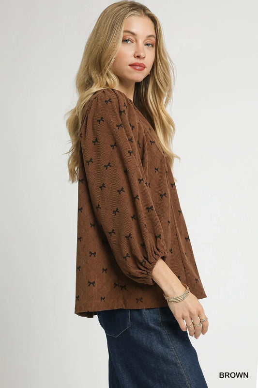 Umgee Corduroy Bow Print Balloon Sleeve Blouse - Trendibles