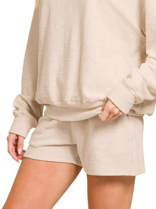 Zenana Slub Long Sleeve Top and Shorts Set - Trendibles