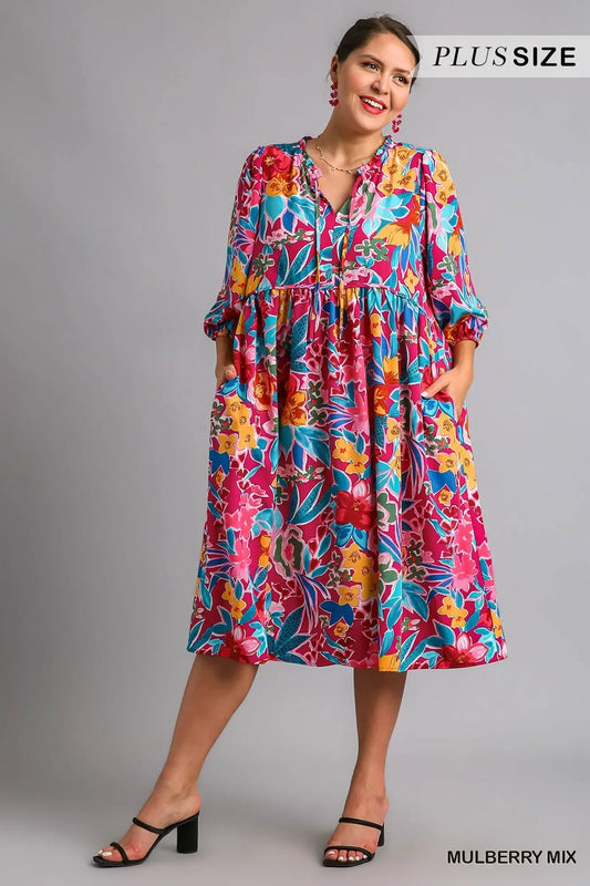 Umgee Full Size Floral Print Tie Neck Midi Dress with Pockets Plus Size - Trendibles