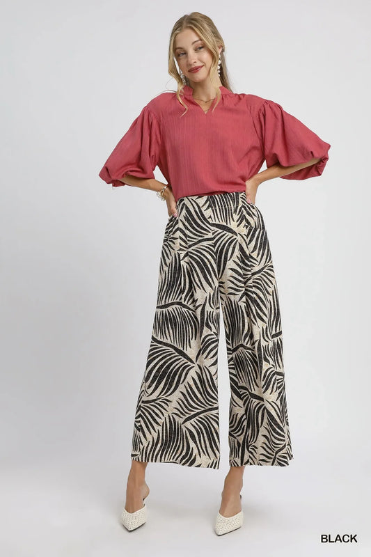 Umgee Palm Leaf Print Wide Leg Culotte Pants - Trendibles
