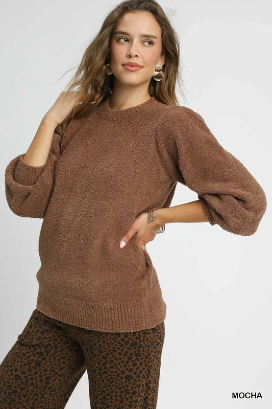 Umgee Textured Long Sleeve Sweater with Ribbed Trim - Trendibles
