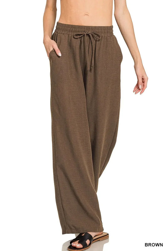 Zenana Woven Crepe Elastic Band Pants - Trendibles