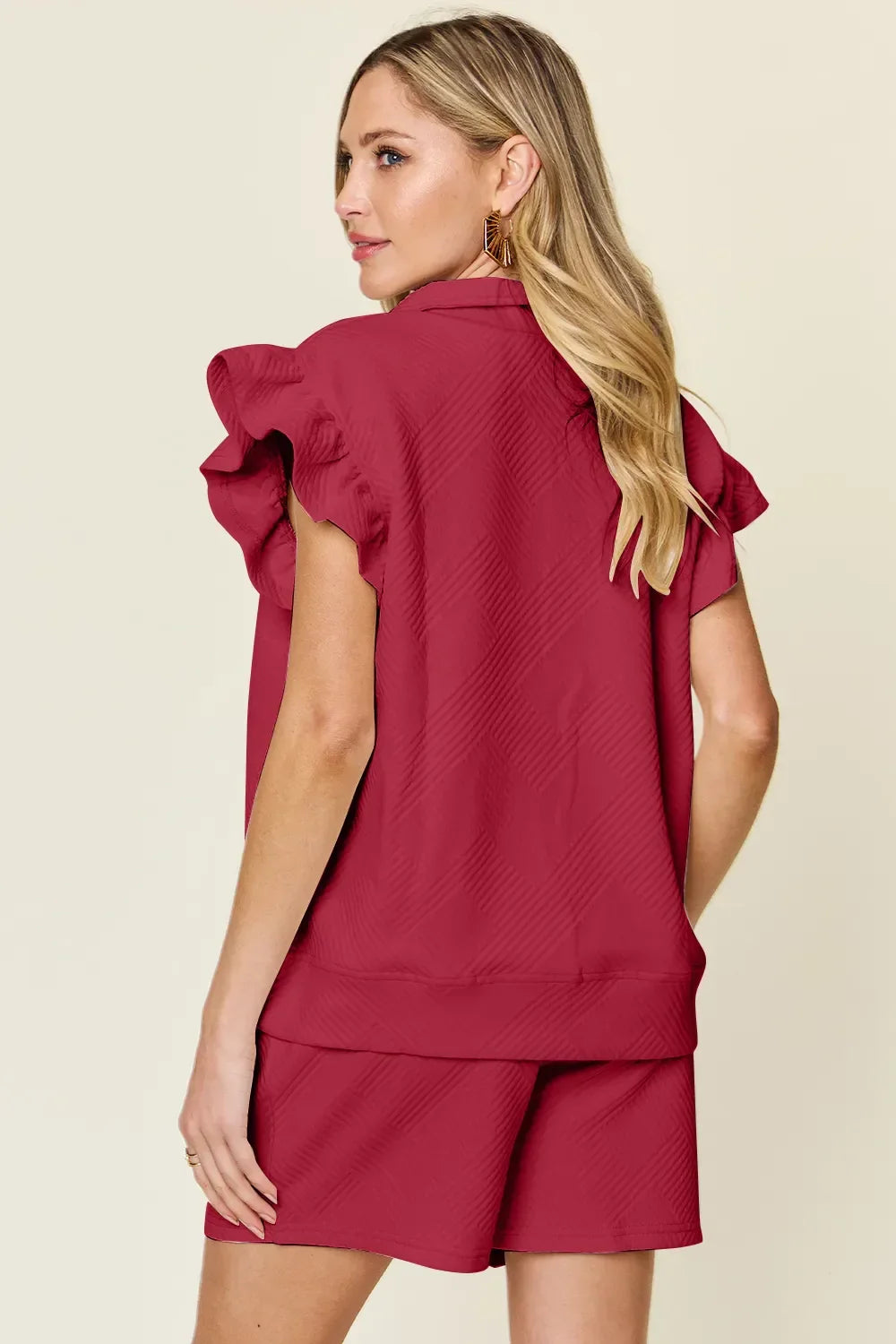 Double Take Full Size Texture Flounce Sleeve Top and Drawstring Shorts Set - Trendibles