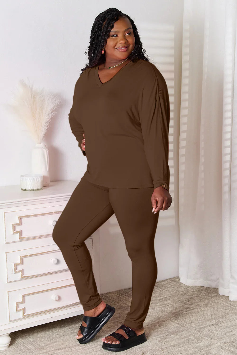 Basic Bae Full Size V-Neck Soft Rayon Long Sleeve Top and Pants Lounge Set - Trendibles