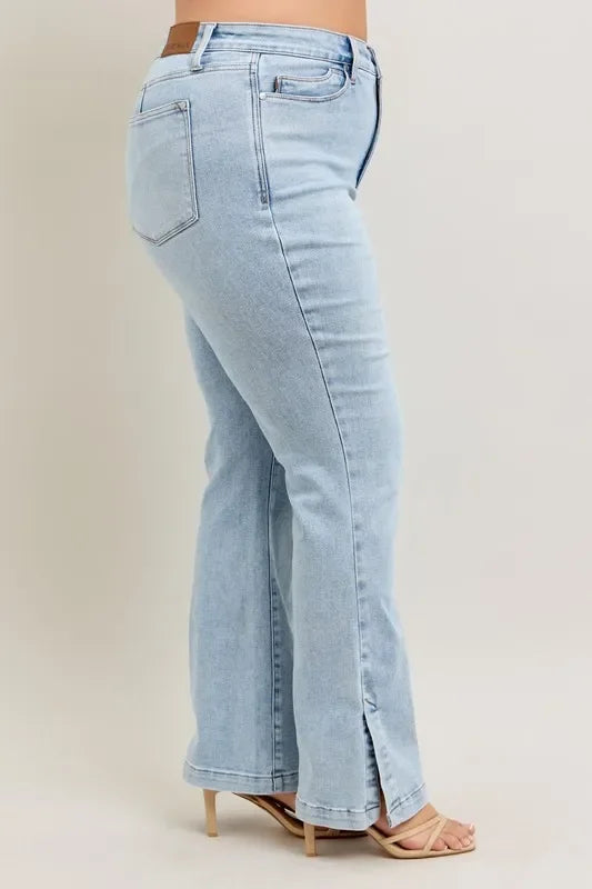 Judy Blue Full Size Tummy Control Vintage Wash Side Slit Slim Boot Jeans Plus Size - Trendibles