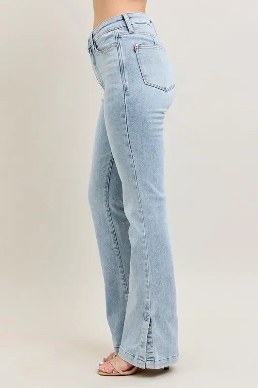 Judy Blue Full Size Tummy Control Vintage Wash Side Slit Slim Boot Jeans Plus Size - Trendibles
