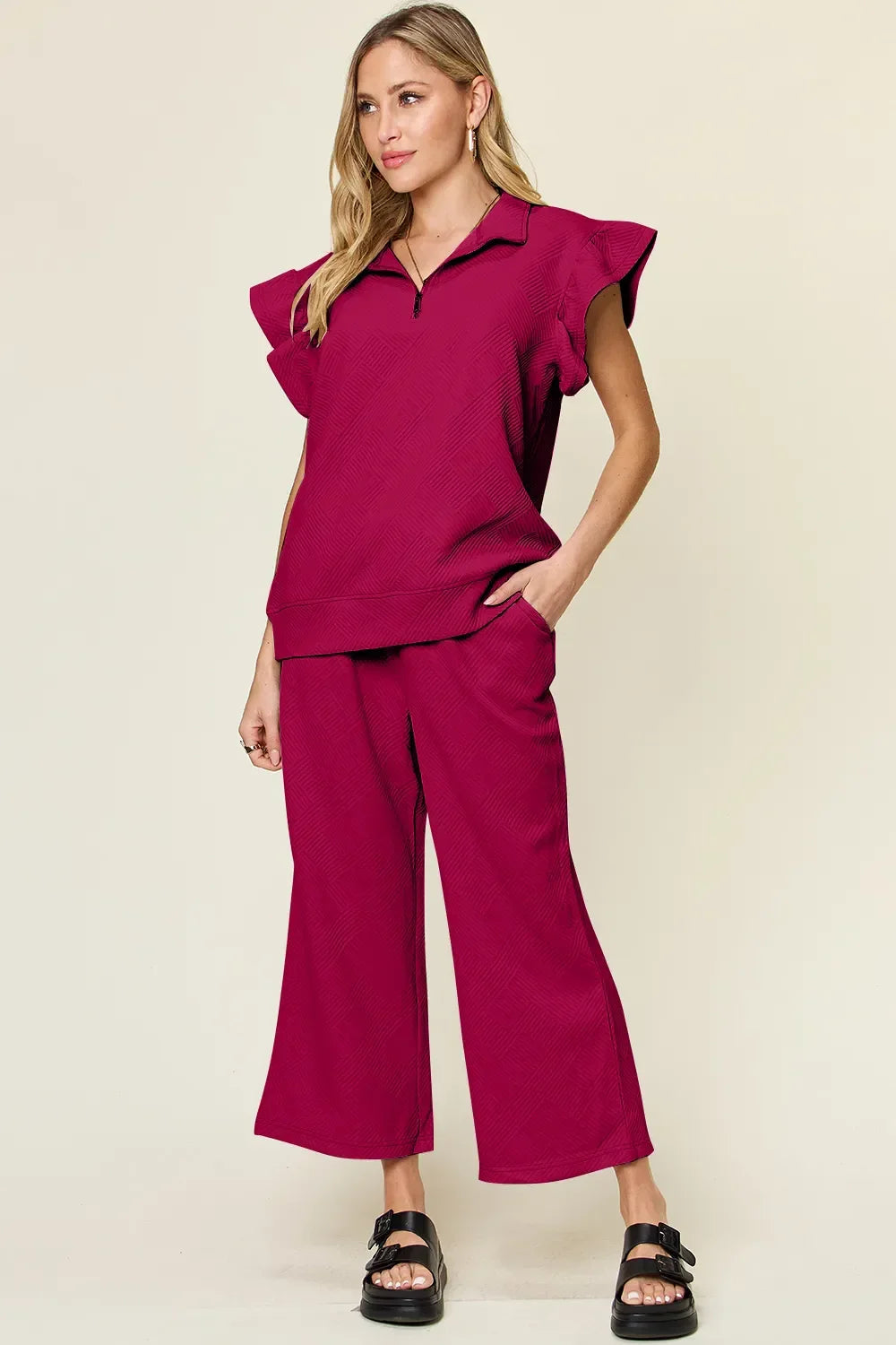 Double Take Texture Ruffle Short Sleeve Top and Drawstring Wide Leg Pants Set - Trendibles