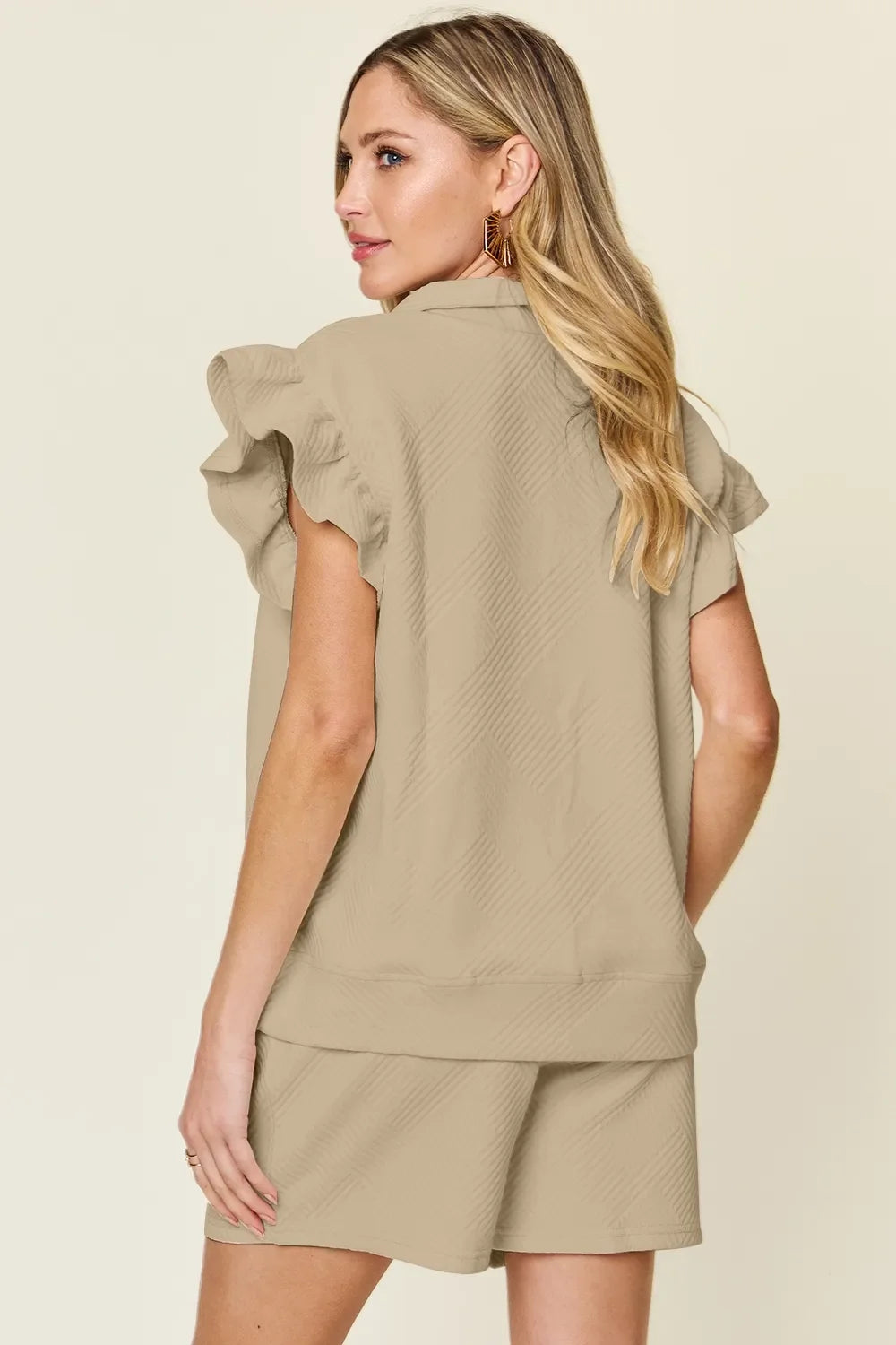 Double Take Full Size Texture Flounce Sleeve Top and Drawstring Shorts Set - Trendibles