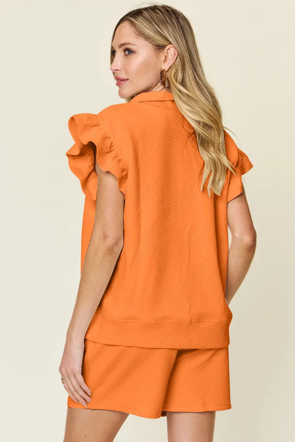 Double Take Full Size Texture Flounce Sleeve Top and Drawstring Shorts Set - Trendibles