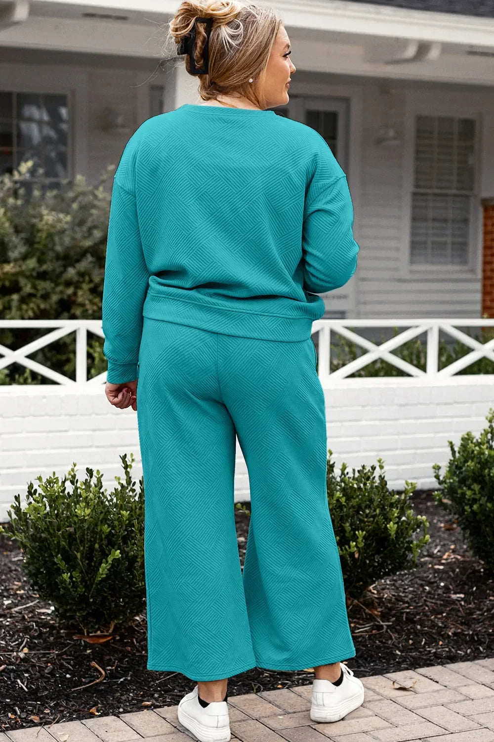 Double Take Full Size Textured Long Sleeve Top and Drawstring Pants Set - Trendibles