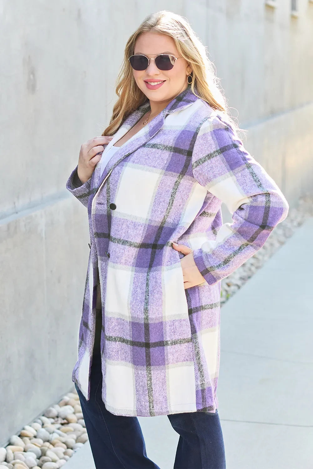 Double Take Full Size Plaid Button Up Lapel Collar Coat - Trendibles
