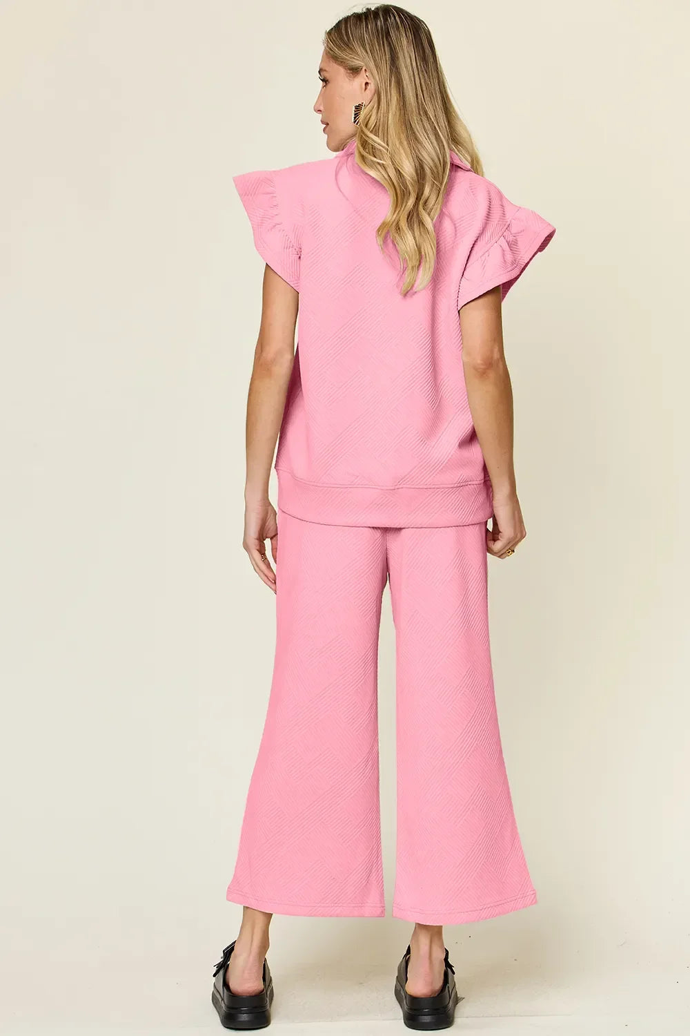 Double Take Texture Ruffle Short Sleeve Top and Drawstring Wide Leg Pants Set - Trendibles
