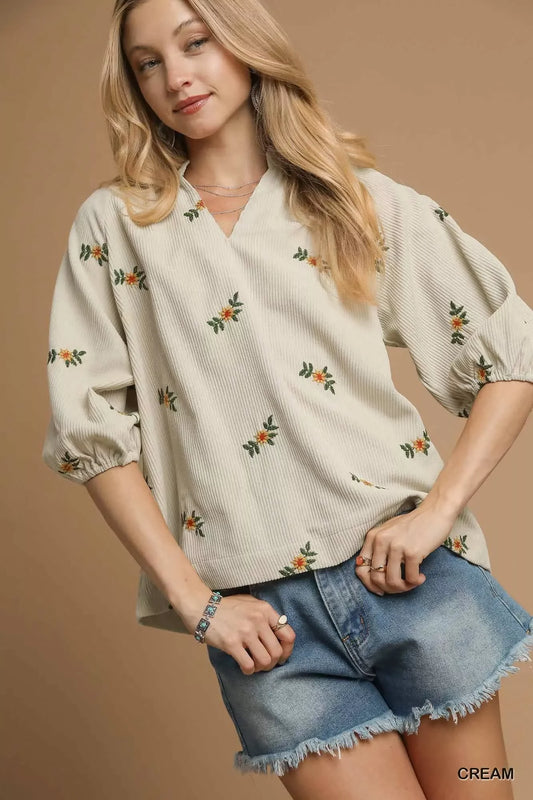 Umgee Corduroy Floral Embroidered Puff Sleeve Blouse - Trendibles