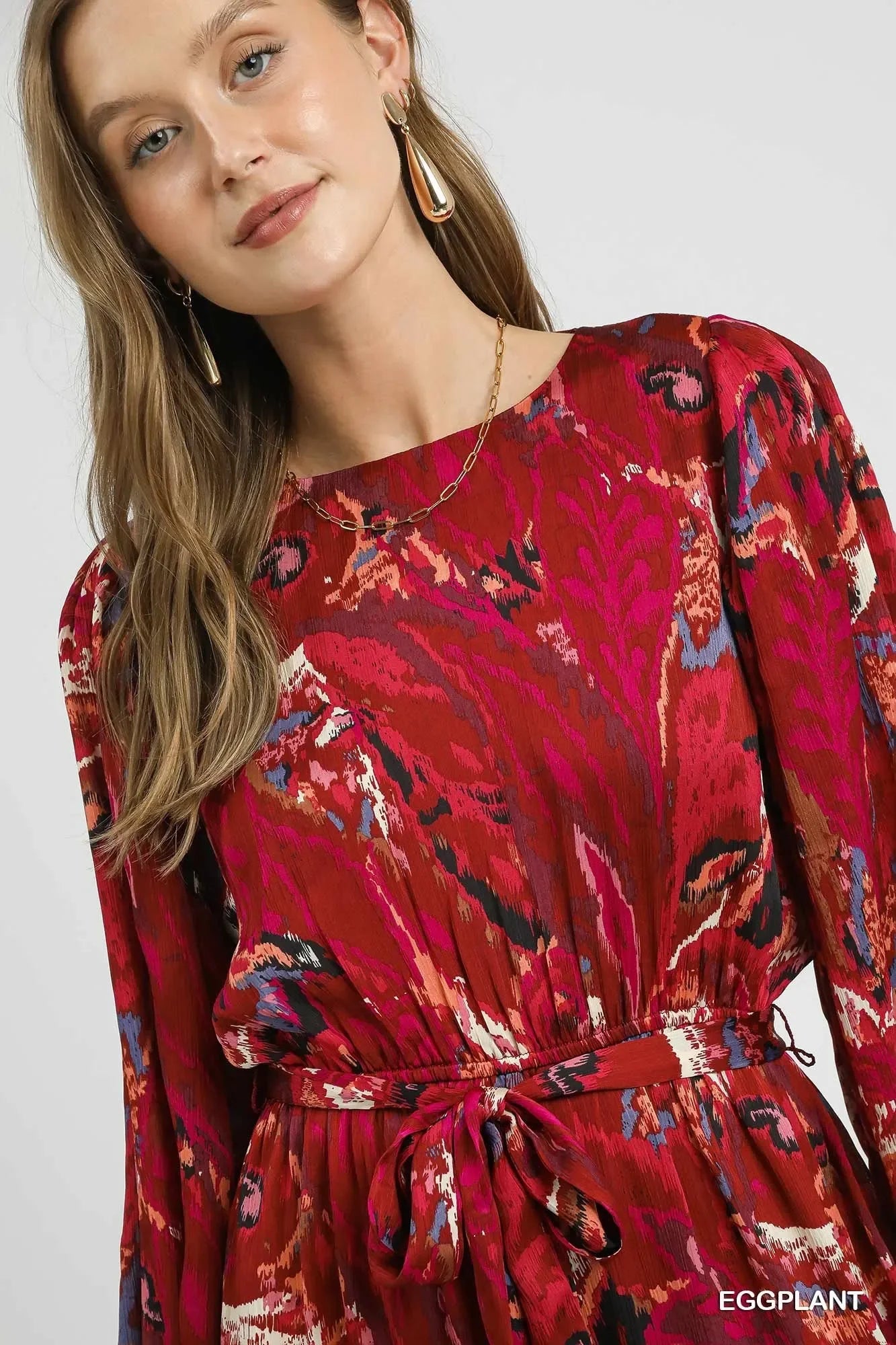 Umgee Ruffled Hem Printed Balloon Sleeve Dress - Trendibles