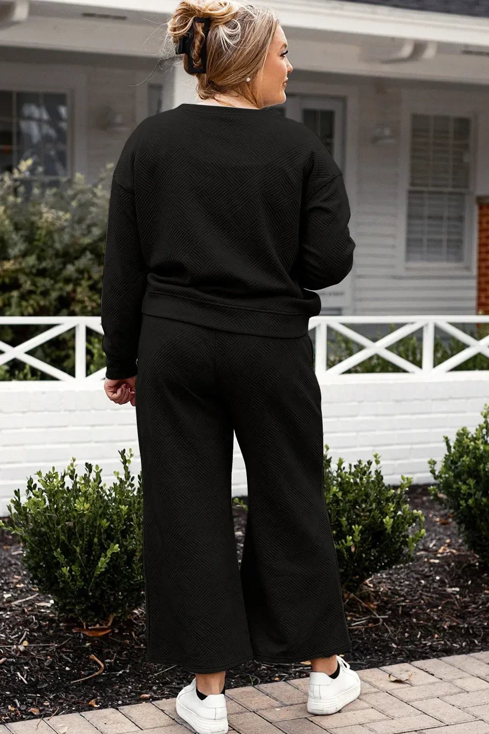 Double Take Full Size Textured Long Sleeve Top and Drawstring Pants Set - Trendibles