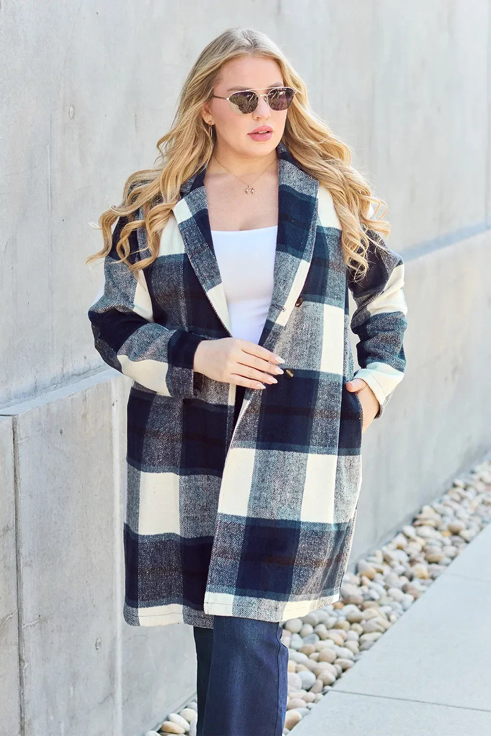 Double Take Full Size Plaid Button Up Lapel Collar Coat - Trendibles