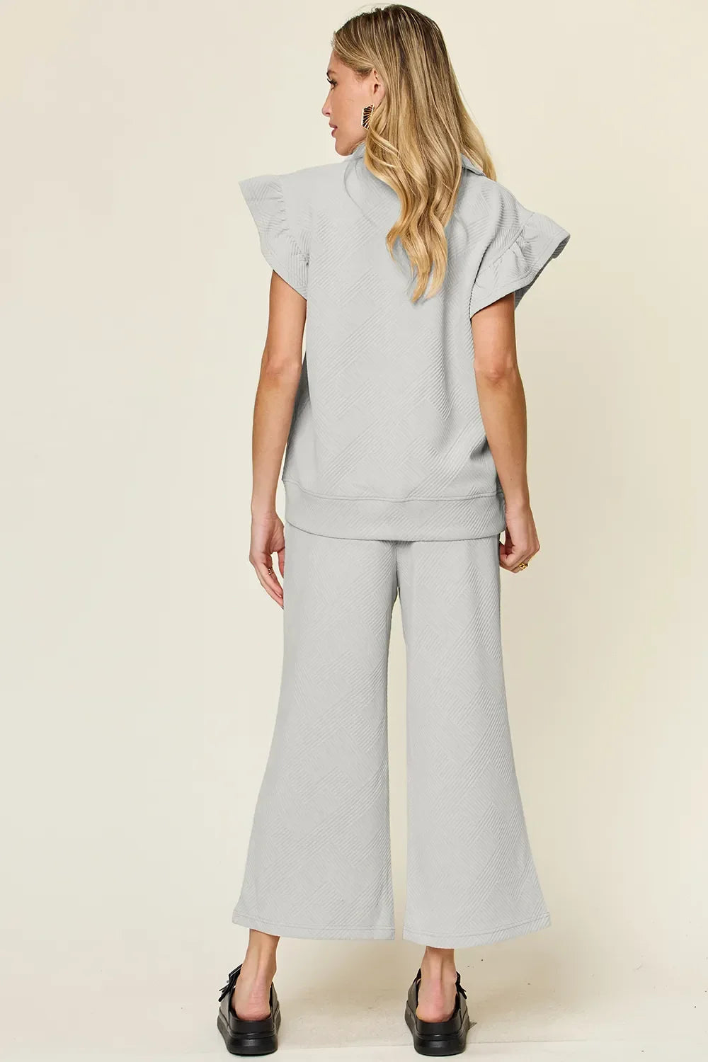 Double Take Texture Ruffle Short Sleeve Top and Drawstring Wide Leg Pants Set - Trendibles