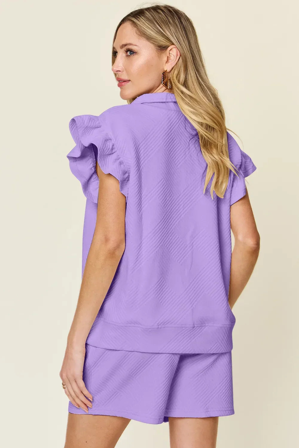Double Take Full Size Texture Flounce Sleeve Top and Drawstring Shorts Set - Trendibles