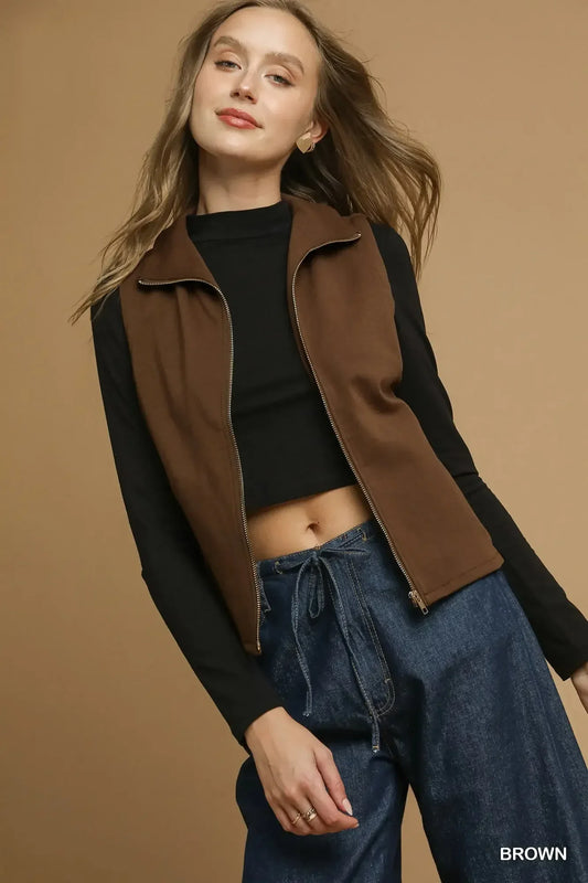 Umgee Zip-Front Fitted Vest with Pockets - Trendibles
