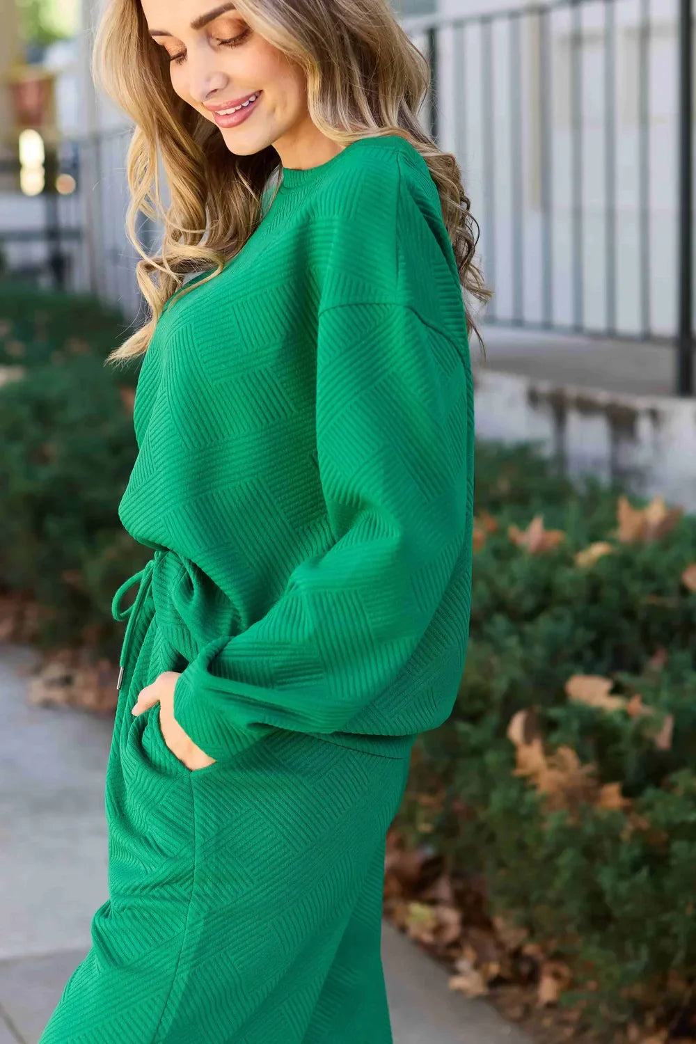 Double Take Full Size Textured Long Sleeve Top and Drawstring Pants Set - Trendibles