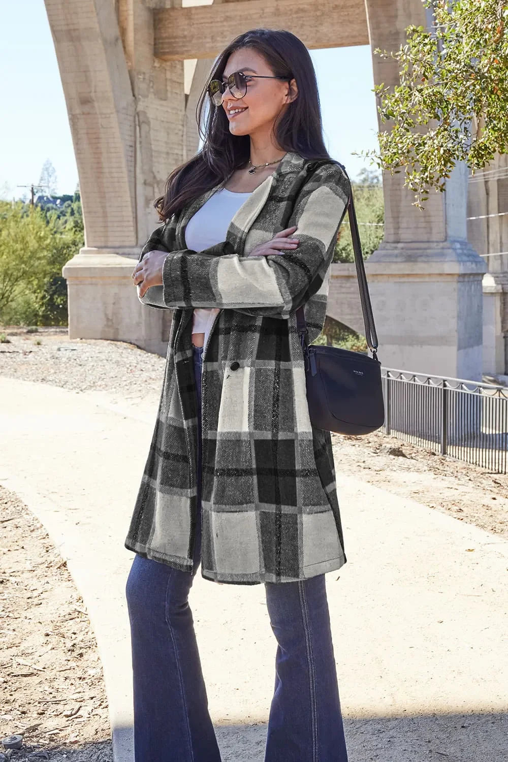 Double Take Full Size Plaid Button Up Lapel Collar Coat - Trendibles
