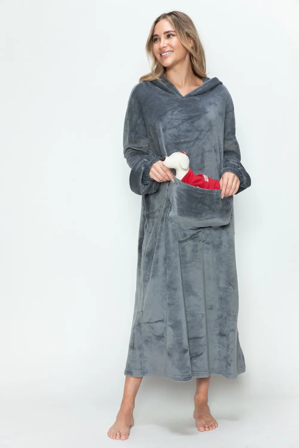 Double Take Full Size Pocketed Hooded Midi Lounge Dress - Trendibles