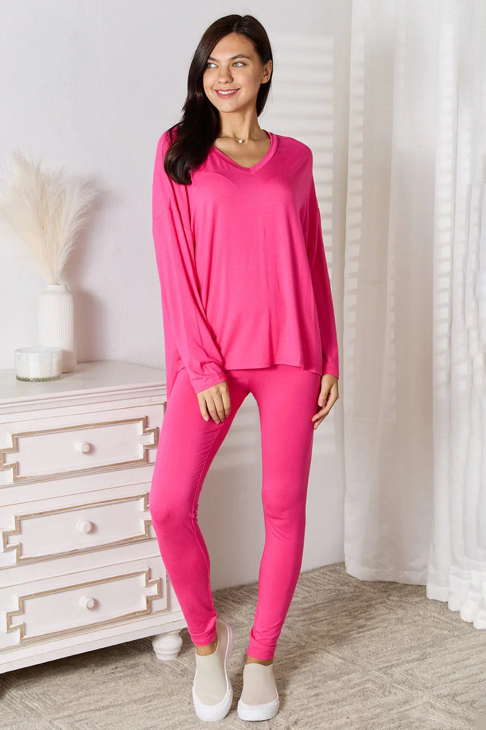 Basic Bae Full Size V-Neck Soft Rayon Long Sleeve Top and Pants Lounge Set - Trendibles