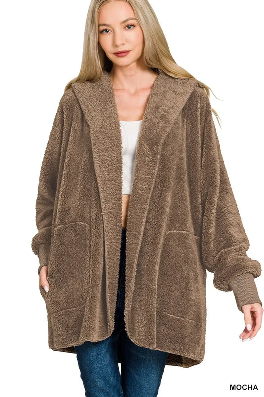 Zenana Hooded Faux Fur Jacket with Pockets - Trendibles