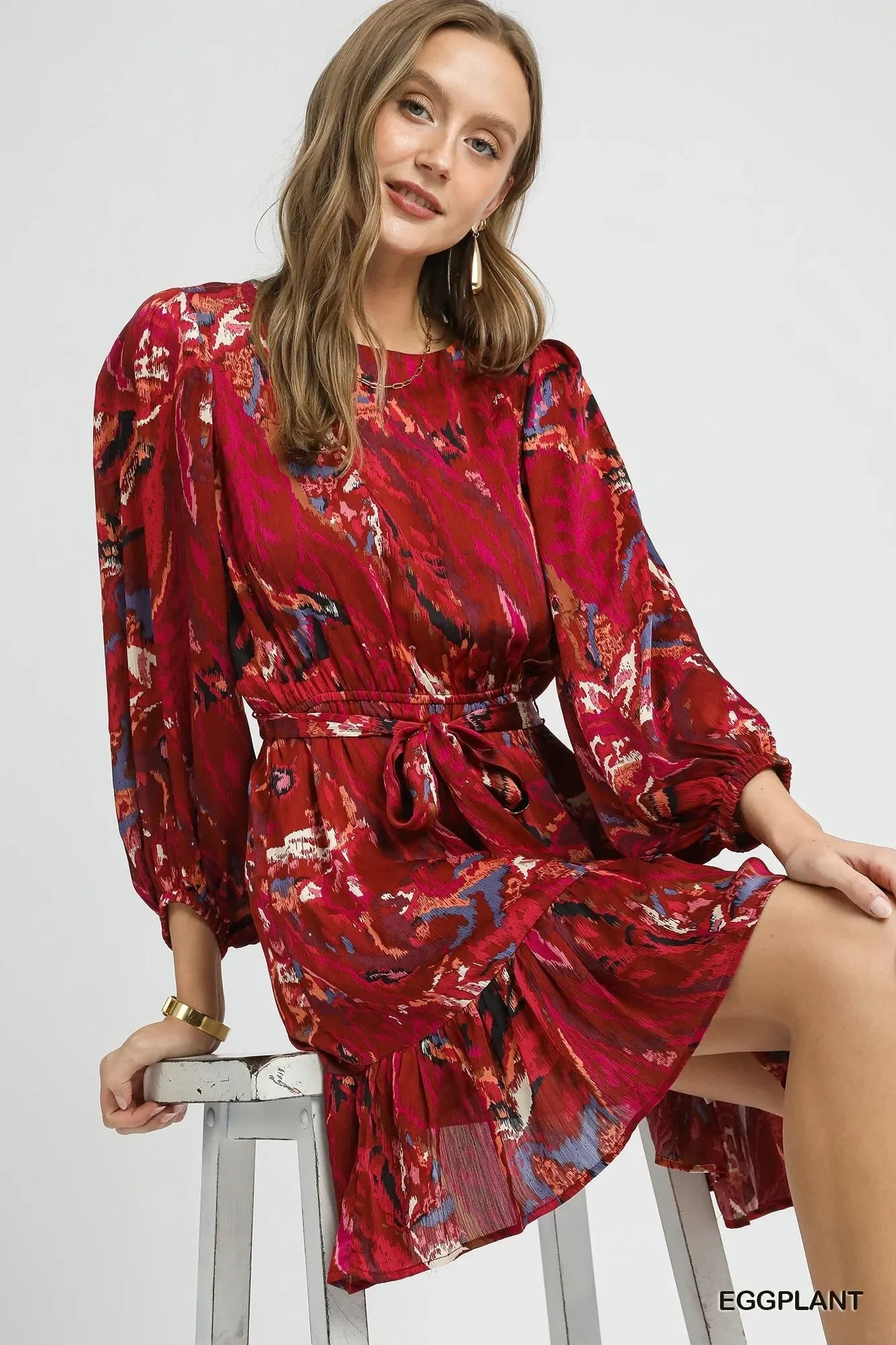 Umgee Ruffled Hem Printed Balloon Sleeve Dress - Trendibles