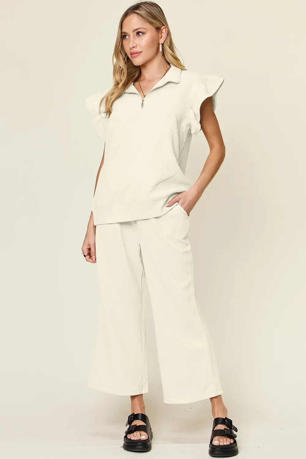 Double Take Texture Ruffle Short Sleeve Top and Drawstring Wide Leg Pants Set - Trendibles