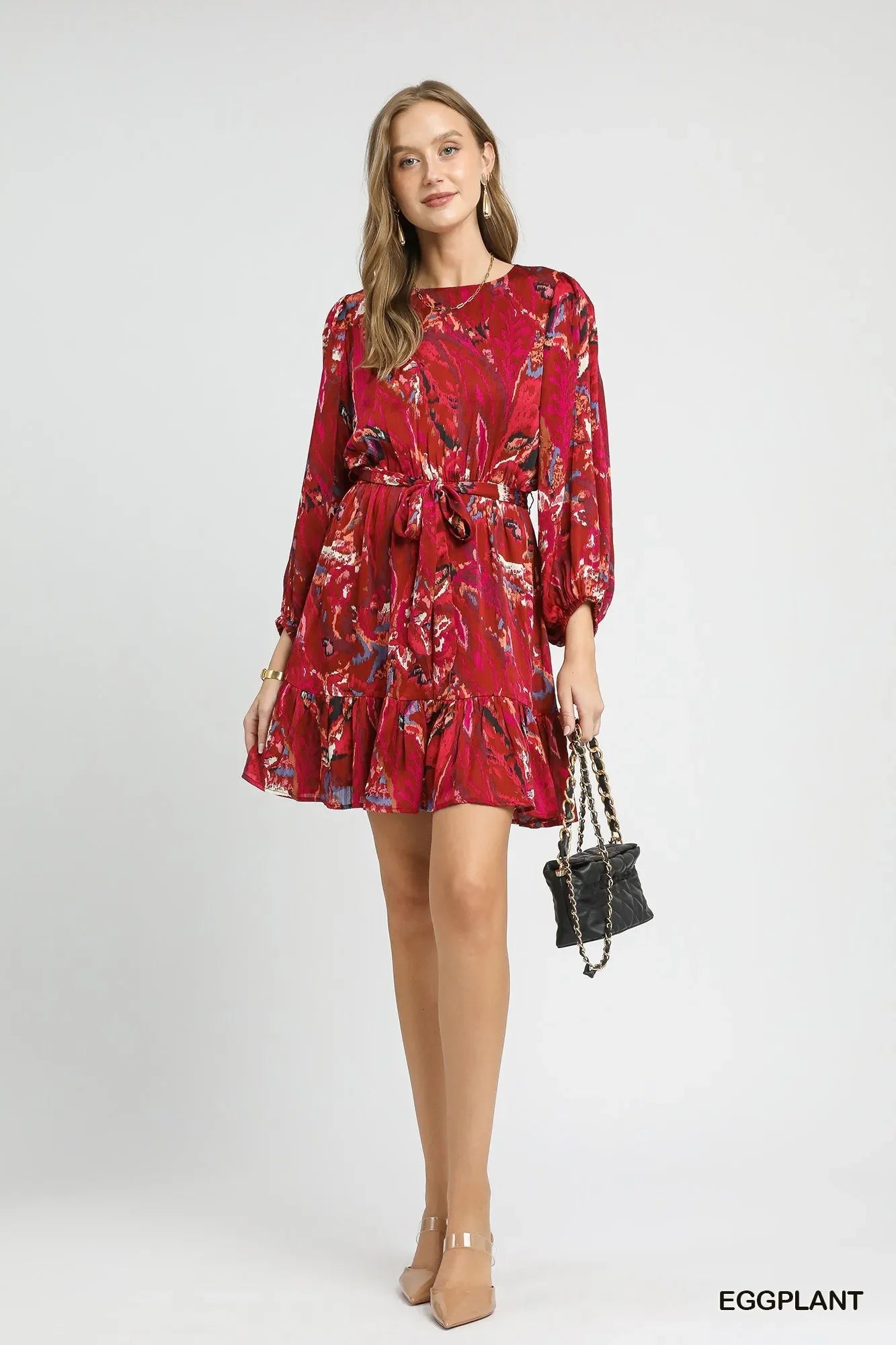 Umgee Ruffled Hem Printed Balloon Sleeve Dress - Trendibles