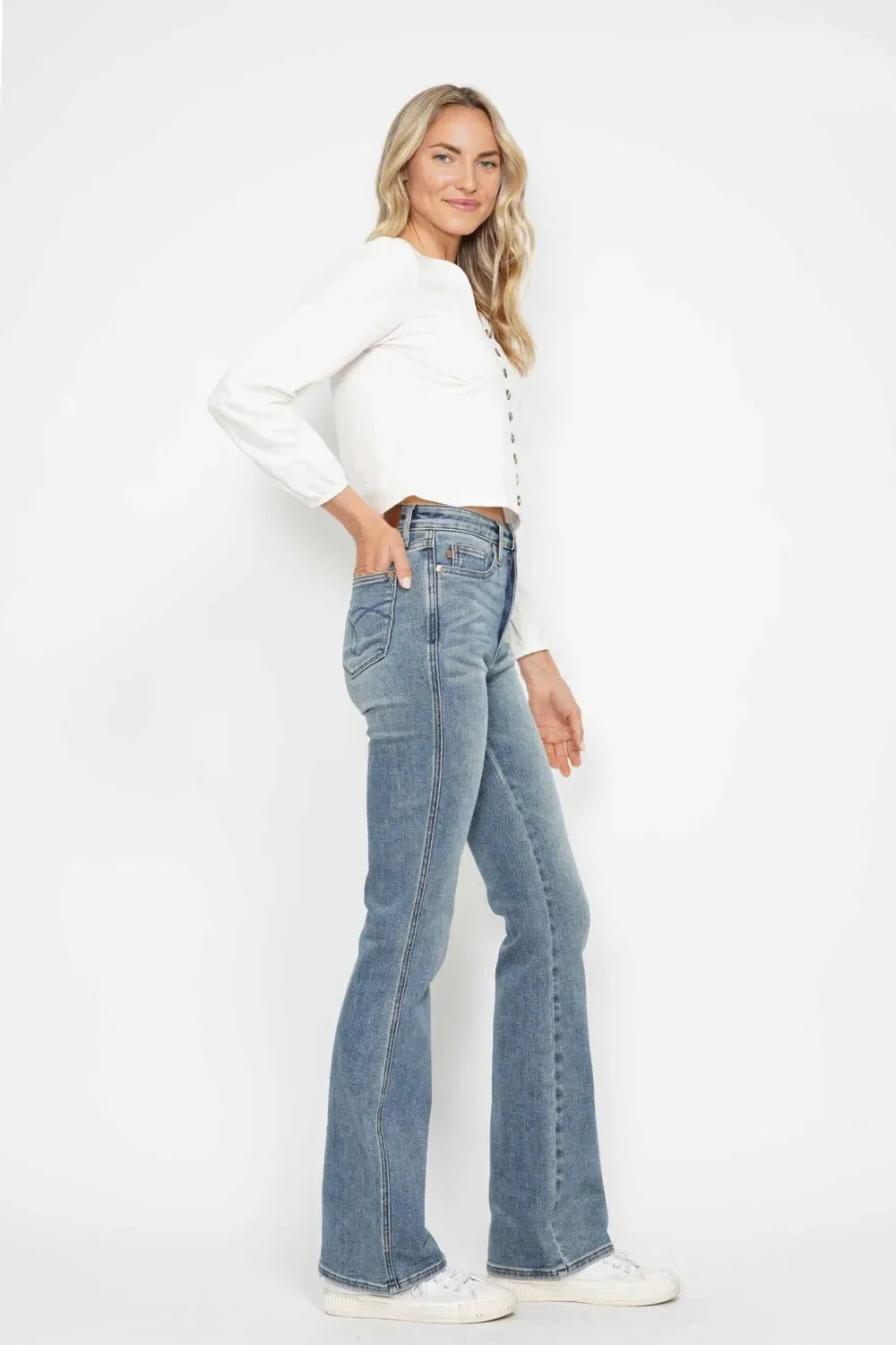 Judy Blue Full Size Tummy Control Back Embroidered Pocketed Bootcut Jeans Plus Size - Trendibles