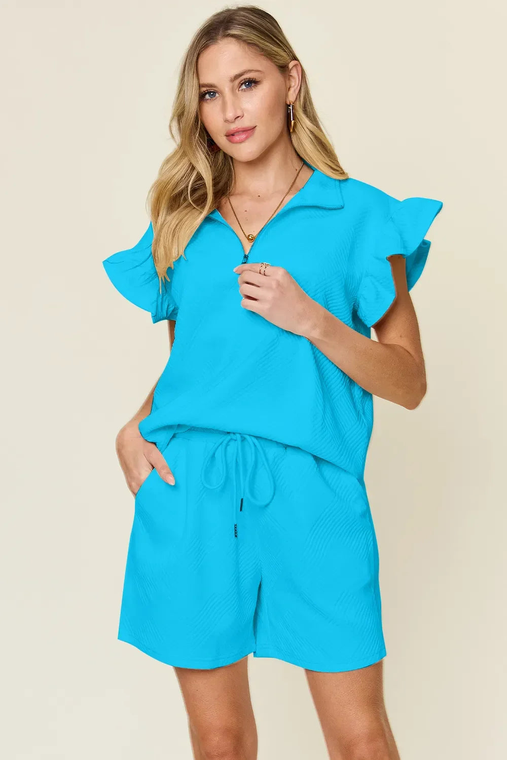 Double Take Full Size Texture Flounce Sleeve Top and Drawstring Shorts Set - Trendibles