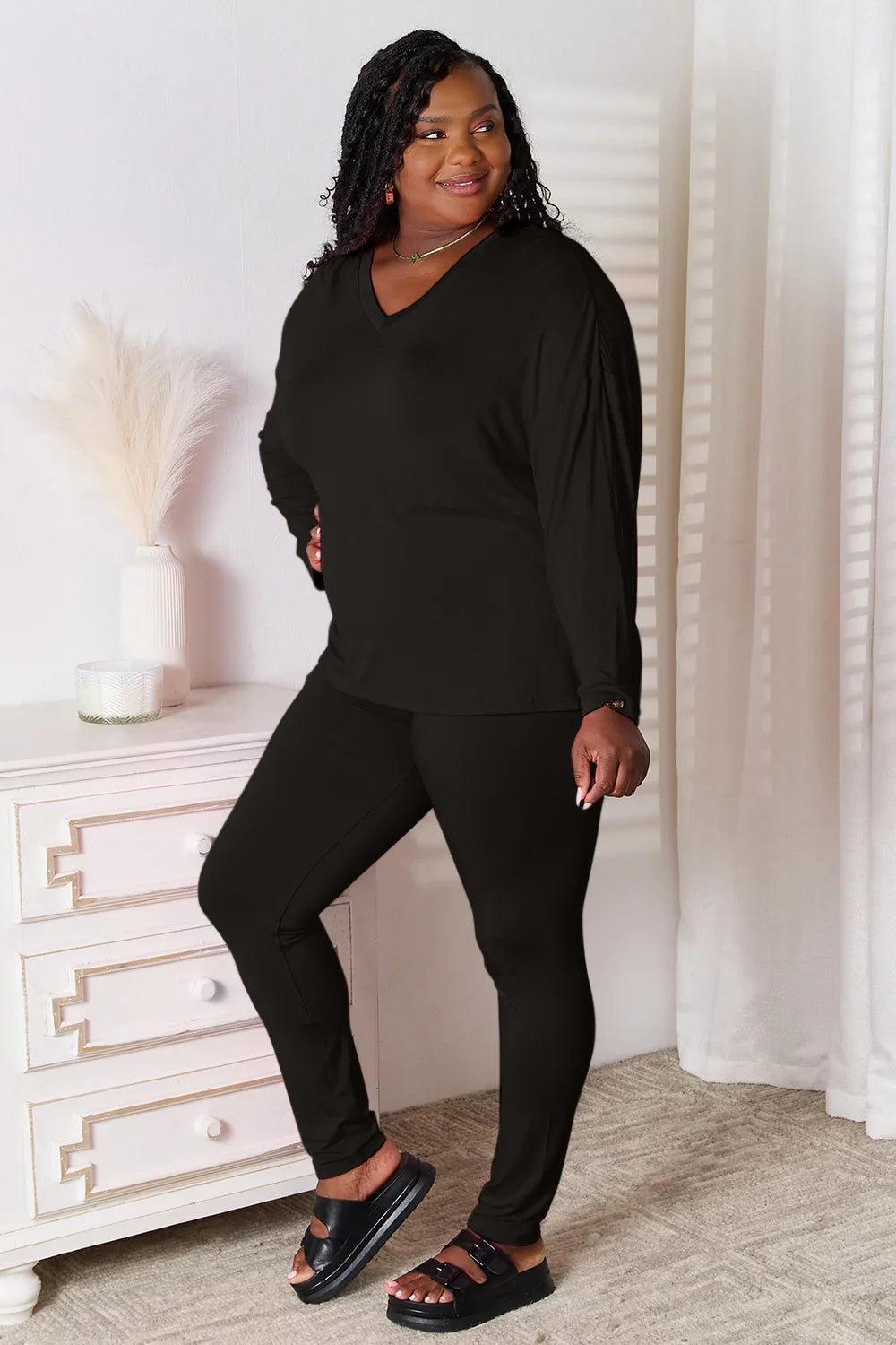 Basic Bae Full Size V-Neck Soft Rayon Long Sleeve Top and Pants Lounge Set - Trendibles