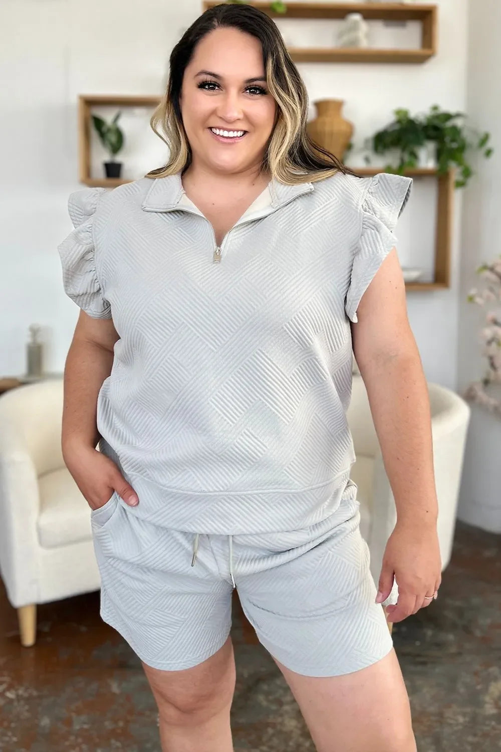 Double Take Full Size Texture Flounce Sleeve Top and Drawstring Shorts Set - Trendibles