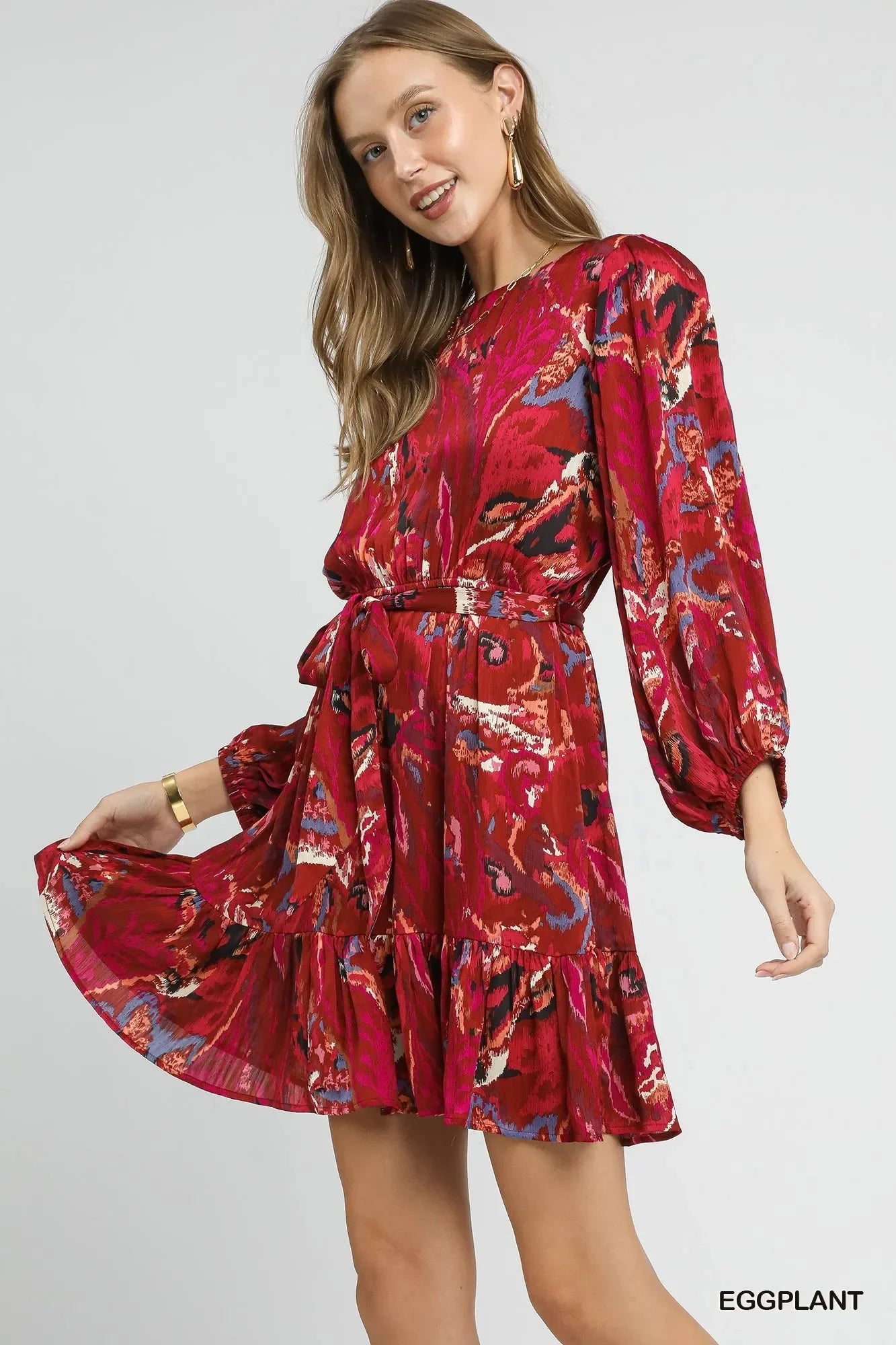 Umgee Ruffled Hem Printed Balloon Sleeve Dress - Trendibles