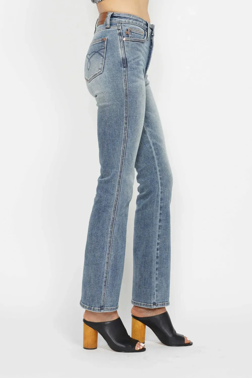 Judy Blue Full Size Tummy Control Back Embroidered Pocketed Bootcut Jeans Plus Size - Trendibles