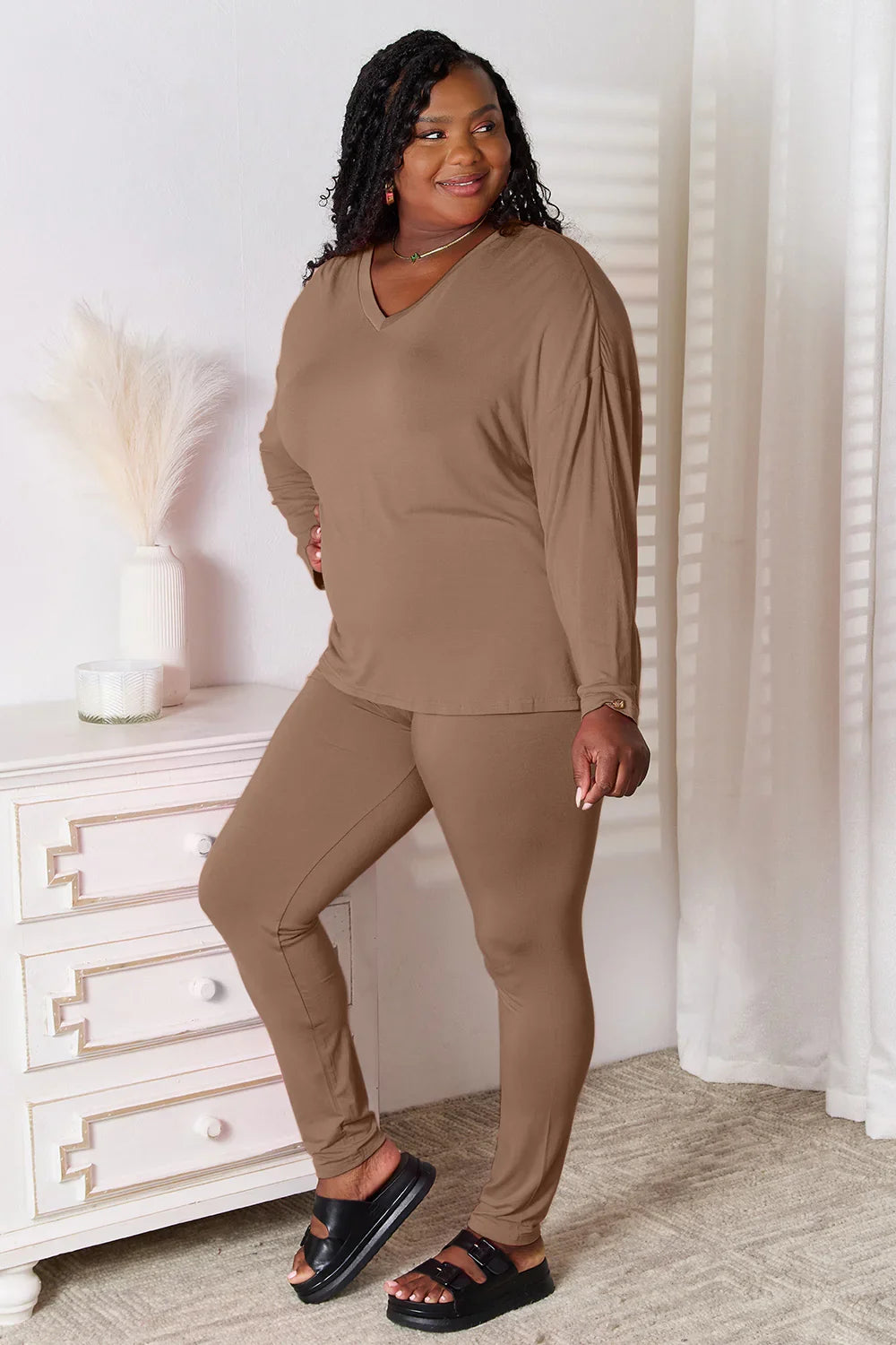Basic Bae Full Size V-Neck Soft Rayon Long Sleeve Top and Pants Lounge Set - Trendibles