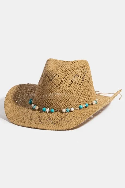 Fame Turquoise and Shell Star Beads Strap Western Straw Hat - Trendibles