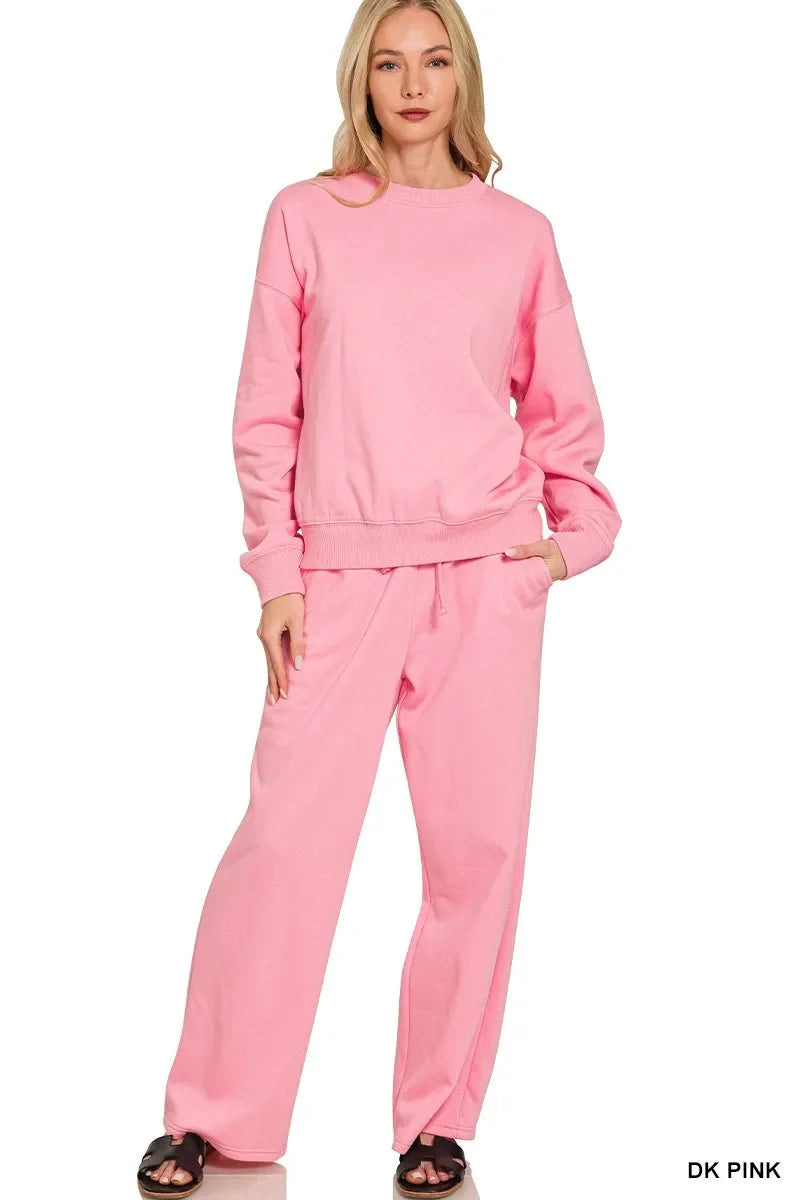 Zenana Fleece Long Sleeve Top and Sweatpants Set - Trendibles