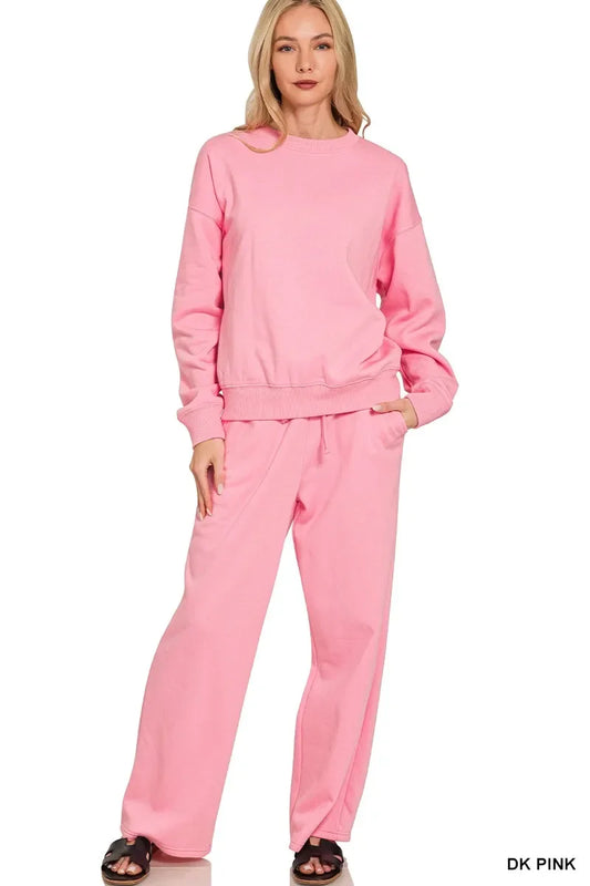 Zenana Fleece Long Sleeve Top and Sweatpants Set - Trendibles