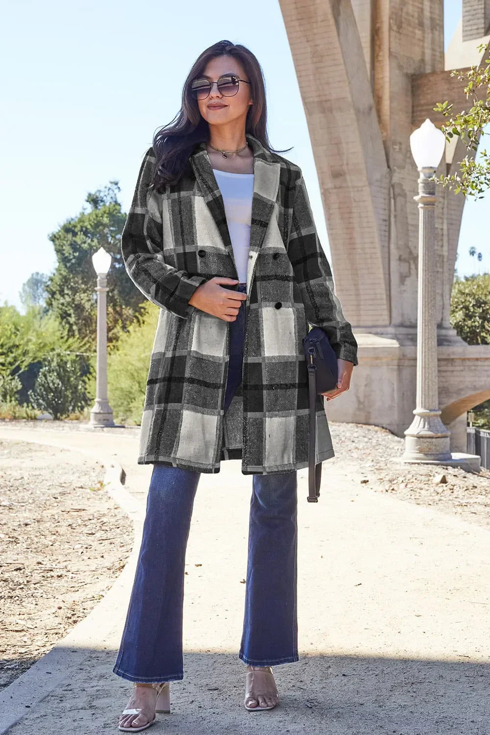Double Take Full Size Plaid Button Up Lapel Collar Coat - Trendibles