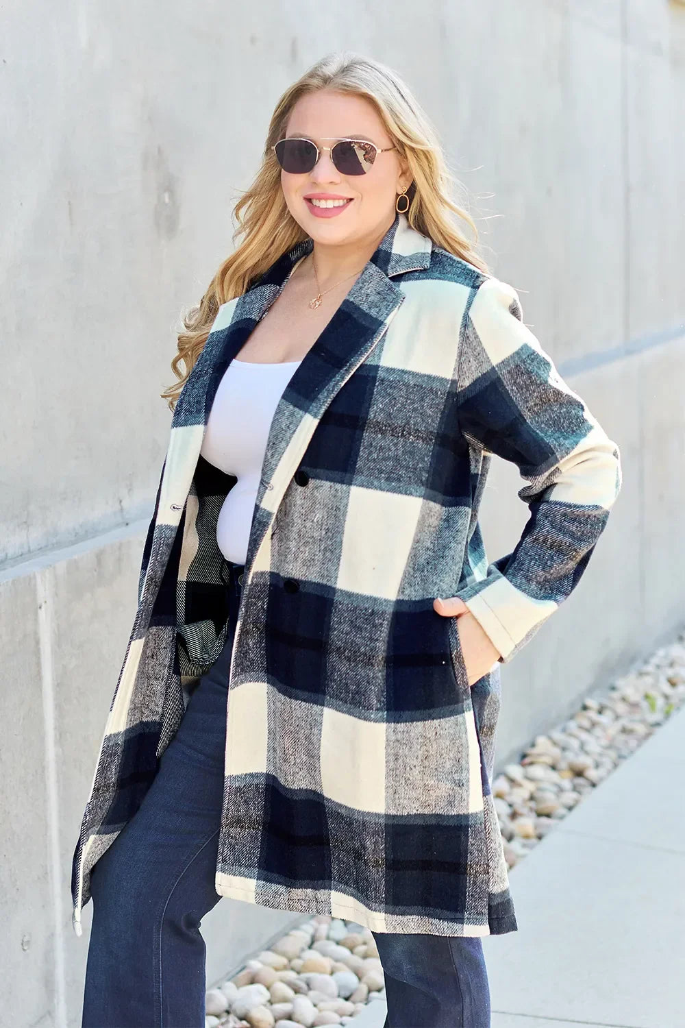 Double Take Full Size Plaid Button Up Lapel Collar Coat - Trendibles
