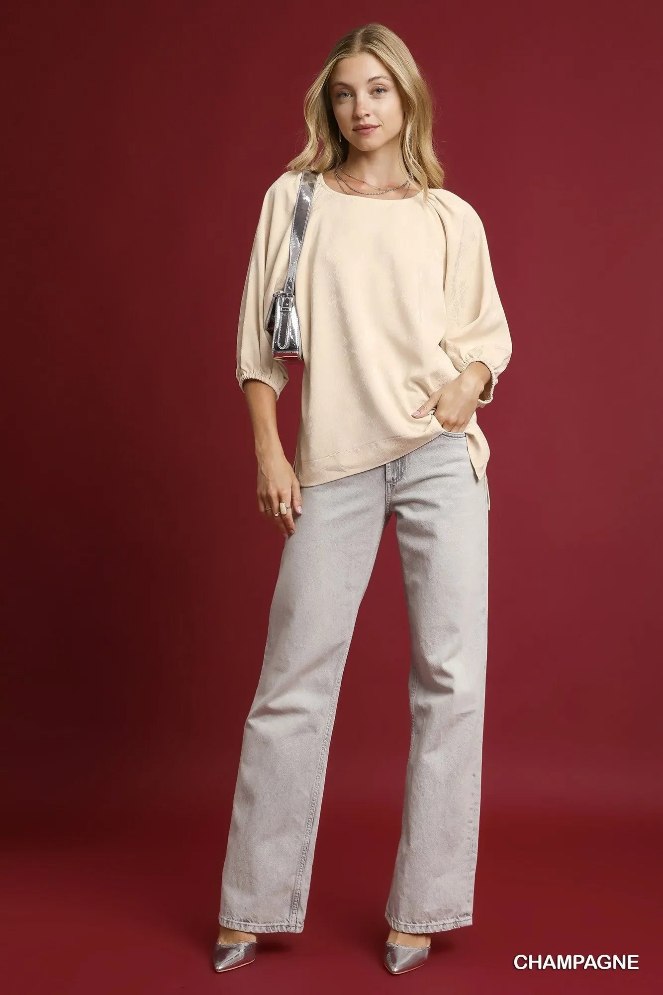 Umgee Side Slit 3/4 Sleeve Blouse - Trendibles