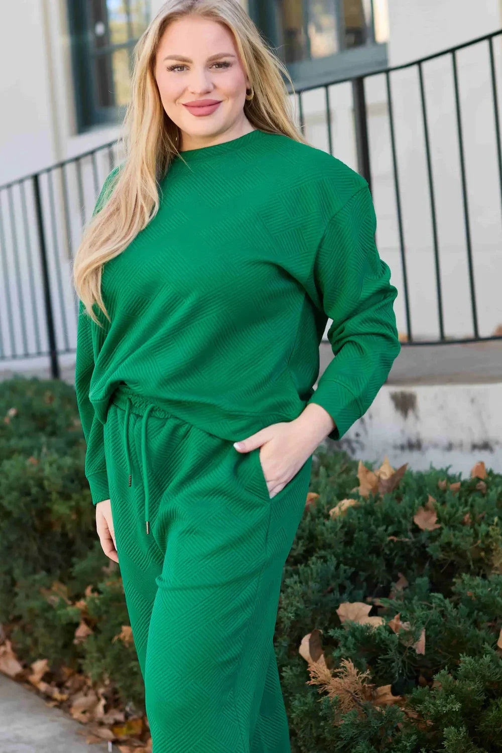 Double Take Full Size Textured Long Sleeve Top and Drawstring Pants Set - Trendibles