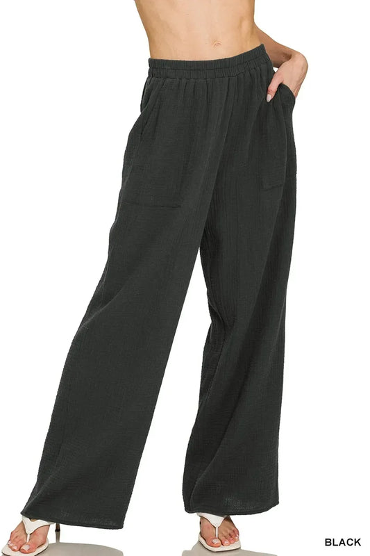 Zenana Double Gauze Elastic Band Pants - Trendibles