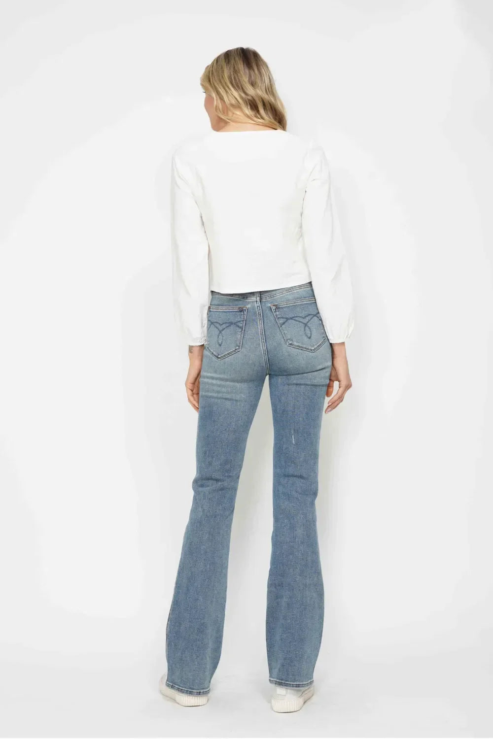 Judy Blue Full Size Tummy Control Back Embroidered Pocketed Bootcut Jeans Plus Size - Trendibles